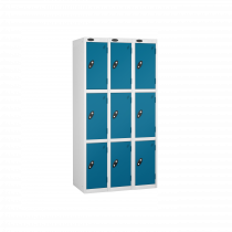 Nest of 3 Metal Storage Lockers | 3 Doors | 1780 x 305 x 305mm | White Carcass | Blue Door | Cam Lock | Probe