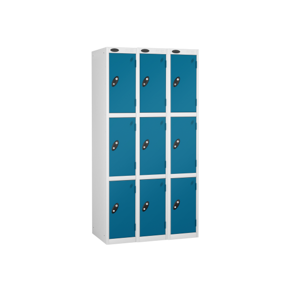 Nest of 3 Metal Storage Lockers | 3 Doors | 1780 x 305 x 305mm | White Carcass | Blue Door | Cam Lock | Probe