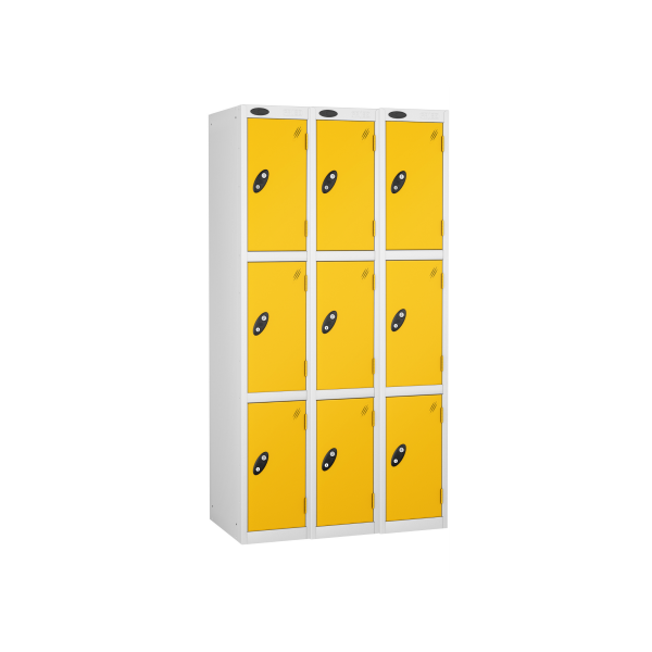 Nest of 3 Metal Storage Lockers | 3 Doors | 1780 x 305 x 305mm | White Carcass | Yellow Door | Cam Lock | Probe