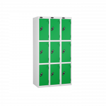 Nest of 3 Metal Storage Lockers | 3 Doors | 1780 x 305 x 305mm | White Carcass | Green Door | Cam Lock | Probe