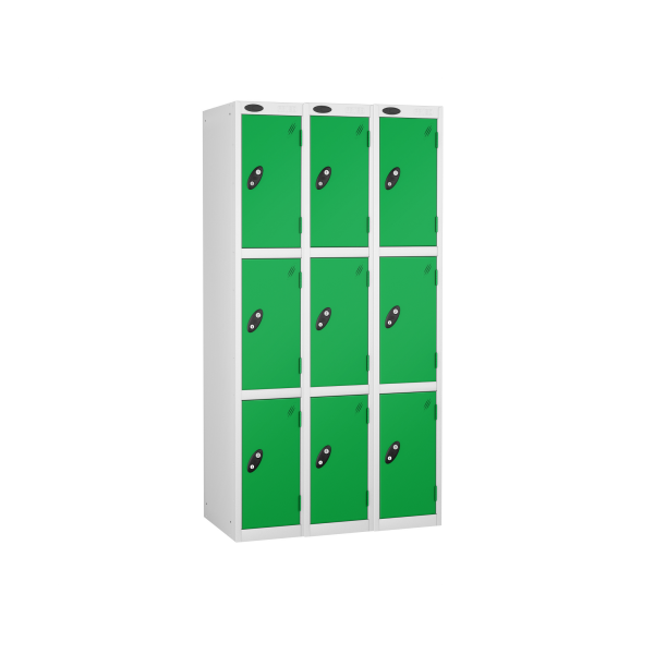 Nest of 3 Metal Storage Lockers | 3 Doors | 1780 x 305 x 305mm | White Carcass | Green Door | Cam Lock | Probe