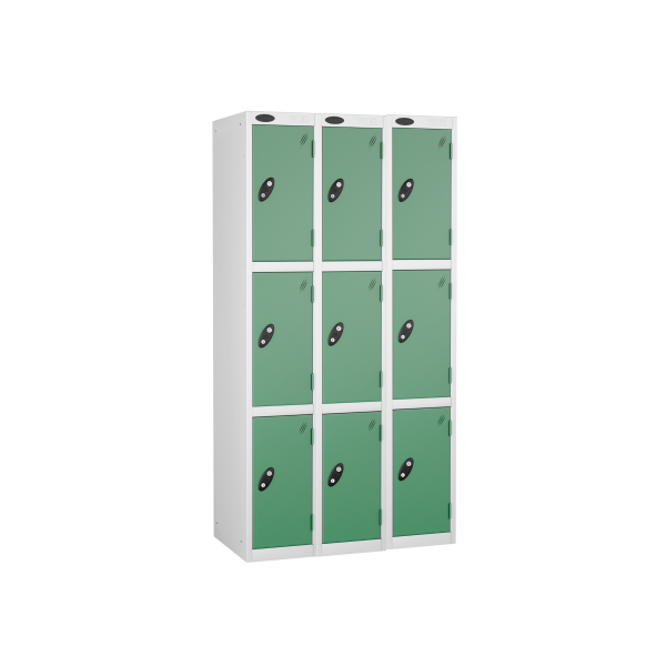 Nest of 3 Metal Storage Lockers | 3 Doors | 1780 x 305 x 305mm | White Carcass | Jade Door | Cam Lock | Probe