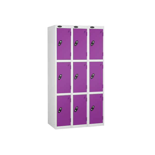 Nest of 3 Metal Storage Lockers | 3 Doors | 1780 x 305 x 305mm | White Carcass | Lilac Door | Cam Lock | Probe