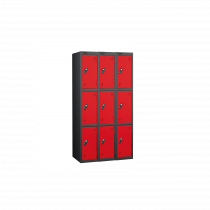 Nest of 3 Metal Storage Lockers | 3 Doors | 1780 x 305 x 305mm | Black Carcass | Red Door | Cam Lock | Probe