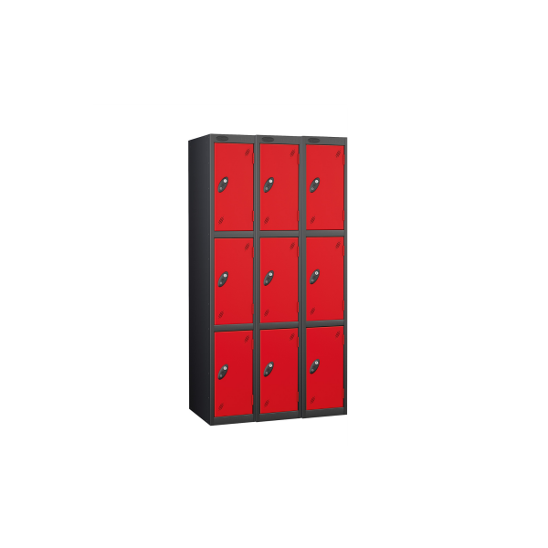 Nest of 3 Metal Storage Lockers | 3 Doors | 1780 x 305 x 305mm | Black Carcass | Red Door | Cam Lock | Probe