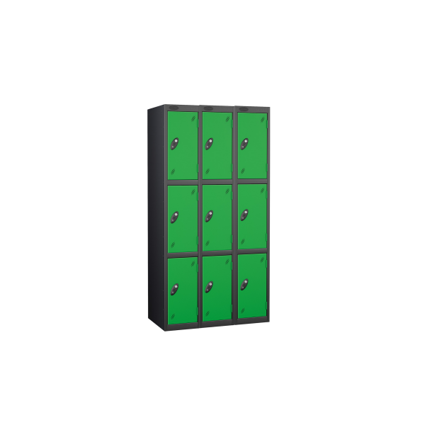 Nest of 3 Metal Storage Lockers | 3 Doors | 1780 x 305 x 305mm | Black Carcass | Green Door | Cam Lock | Probe