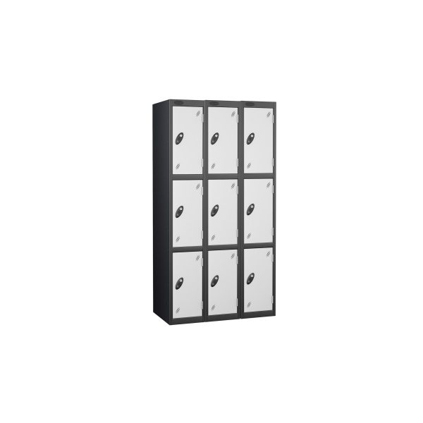 Nest of 3 Metal Storage Lockers | 3 Doors | 1780 x 305 x 305mm | Black Carcass | White Door | Cam Lock | Probe