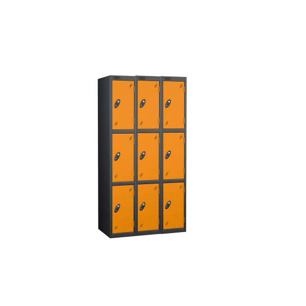 Nest of 3 Metal Storage Lockers | 3 Doors | 1780 x 305 x 305mm | Black Carcass | Orange Door | Cam Lock | Probe