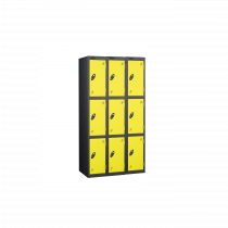 Nest of 3 Metal Storage Lockers | 3 Doors | 1780 x 305 x 305mm | Black Carcass | Lemon Door | Cam Lock | Probe