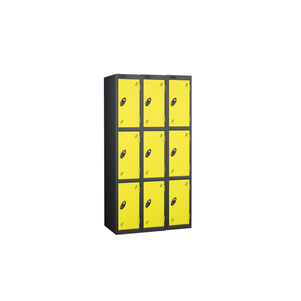 Nest of 3 Metal Storage Lockers | 3 Doors | 1780 x 305 x 305mm | Black Carcass | Lemon Door | Cam Lock | Probe