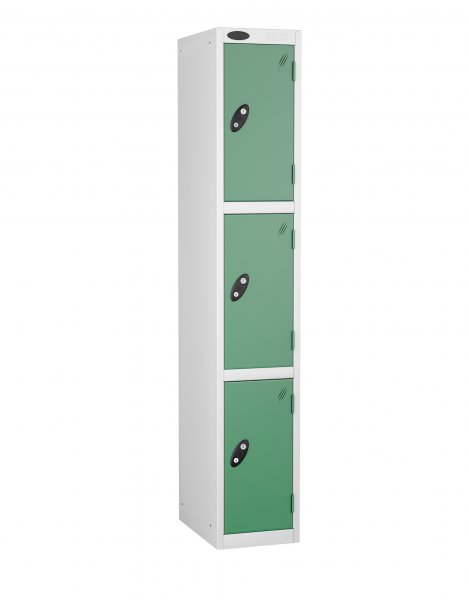 Single Metal Storage Locker | 3 Doors | 1780 x 305 x 380mm | White Carcass | Jade Door | Cam Lock | Probe