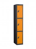 Single Metal Storage Locker | 3 Doors | 1780 x 305 x 380mm | Black Carcass | Orange Door | Cam Lock | Probe