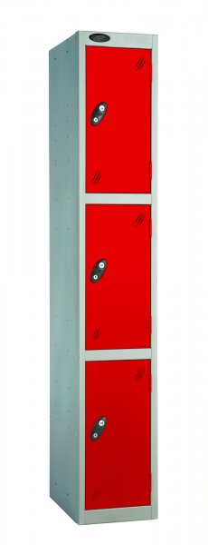 Single Metal Storage Locker | 3 Doors | 1780 x 305 x 380mm | Silver Carcass | Red Door | Cam Lock | Probe