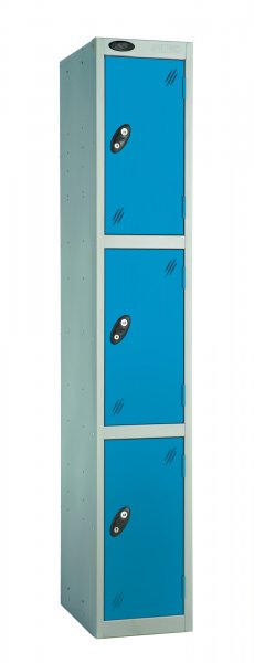 Single Metal Storage Locker | 3 Doors | 1780 x 305 x 380mm | Silver Carcass | Blue Door | Cam Lock | Probe