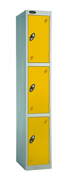 Single Metal Storage Locker | 3 Doors | 1780 x 305 x 380mm | Silver Carcass | Yellow Door | Cam Lock | Probe