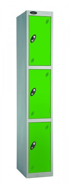 Single Metal Storage Locker | 3 Doors | 1780 x 305 x 380mm | Silver Carcass | Green Door | Cam Lock | Probe