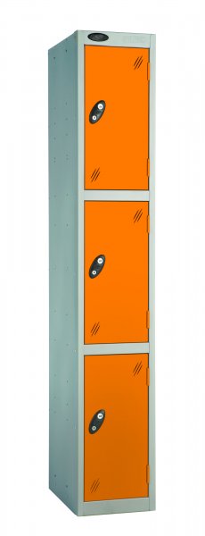 Single Metal Storage Locker | 3 Doors | 1780 x 305 x 380mm | Silver Carcass | Orange Door | Cam Lock | Probe