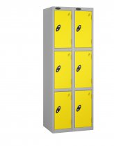 Nest of 2 Metal Storage Lockers | 3 Doors | 1780 x 305 x 380mm | Silver Carcass | Lemon Door | Cam Lock | Probe