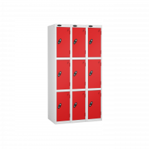 Nest of 3 Metal Storage Lockers | 3 Doors | 1780 x 305 x 380mm | White Carcass | Red Door | Cam Lock | Probe