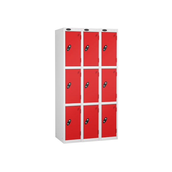 Nest of 3 Metal Storage Lockers | 3 Doors | 1780 x 305 x 380mm | White Carcass | Red Door | Cam Lock | Probe