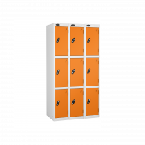 Nest of 3 Metal Storage Lockers | 3 Doors | 1780 x 305 x 380mm | White Carcass | Orange Door | Cam Lock | Probe