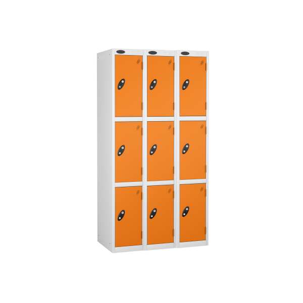 Nest of 3 Metal Storage Lockers | 3 Doors | 1780 x 305 x 380mm | White Carcass | Orange Door | Cam Lock | Probe