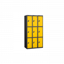 Nest of 3 Metal Storage Lockers | 3 Doors | 1780 x 305 x 380mm | Black Carcass | Yellow Door | Cam Lock | Probe