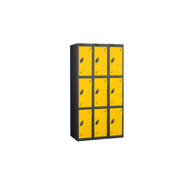 Nest of 3 Metal Storage Lockers | 3 Doors | 1780 x 305 x 380mm | Black Carcass | Yellow Door | Cam Lock | Probe