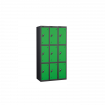 Nest of 3 Metal Storage Lockers | 3 Doors | 1780 x 305 x 380mm | Black Carcass | Green Door | Cam Lock | Probe