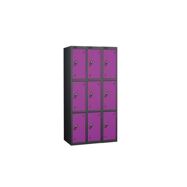 Nest of 3 Metal Storage Lockers | 3 Doors | 1780 x 305 x 380mm | Black Carcass | Lilac Door | Cam Lock | Probe