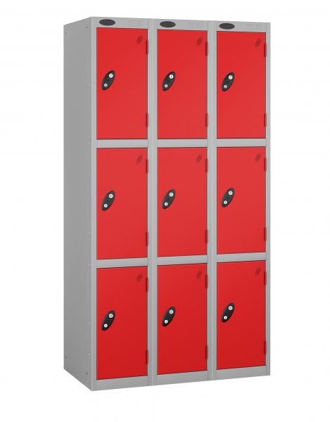 Nest of 3 Metal Storage Lockers | 3 Doors | 1780 x 305 x 380mm | Silver Carcass | Red Door | Cam Lock | Probe