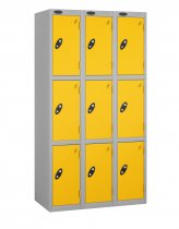 Nest of 3 Metal Storage Lockers | 3 Doors | 1780 x 305 x 380mm | Silver Carcass | Yellow Door | Cam Lock | Probe