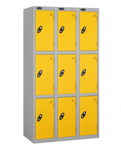 Nest of 3 Metal Storage Lockers | 3 Doors | 1780 x 305 x 380mm | Silver Carcass | Yellow Door | Cam Lock | Probe