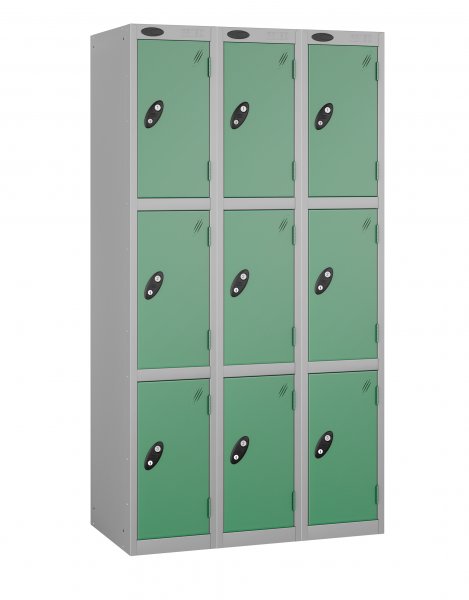 Nest of 3 Metal Storage Lockers | 3 Doors | 1780 x 305 x 380mm | Silver Carcass | Jade Door | Cam Lock | Probe