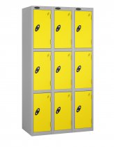 Nest of 3 Metal Storage Lockers | 3 Doors | 1780 x 305 x 380mm | Silver Carcass | Lemon Door | Cam Lock | Probe