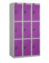 Nest of 3 Metal Storage Lockers | 3 Doors | 1780 x 305 x 380mm | Silver Carcass | Lilac Door | Cam Lock | Probe