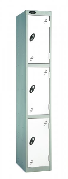 Single Metal Storage Locker | 3 Doors | 1780 x 305 x 460mm | Silver Carcass | White Door | Cam Lock | Probe