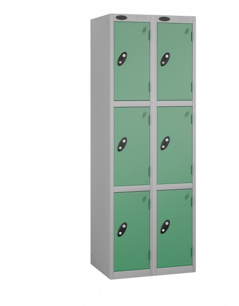 Nest of 2 Metal Storage Lockers | 3 Doors | 1780 x 305 x 460mm | Silver Carcass | Jade Door | Cam Lock | Probe