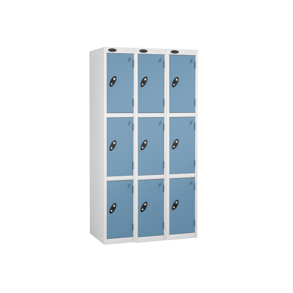 Nest of 3 Metal Storage Lockers | 3 Doors | 1780 x 305 x 460mm | White Carcass | Ocean Door | Cam Lock | Probe