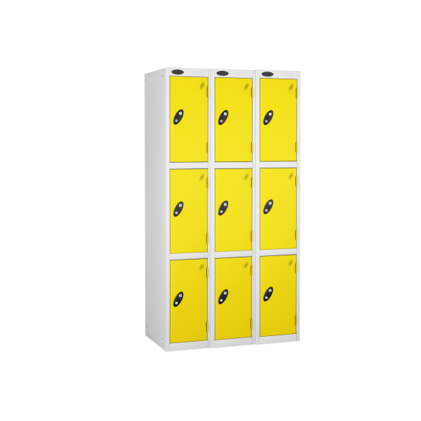 Nest of 3 Metal Storage Lockers | 3 Doors | 1780 x 305 x 460mm | White Carcass | Lemon Door | Cam Lock | Probe