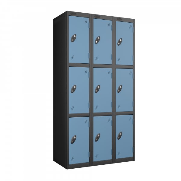 Nest of 3 Metal Storage Lockers | 3 Doors | 1780 x 305 x 460mm | Black Carcass | Ocean Door | Cam Lock | Probe