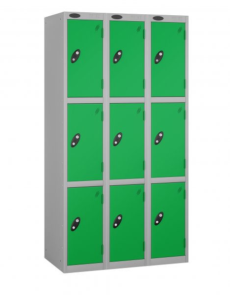 Nest of 3 Metal Storage Lockers | 3 Doors | 1780 x 305 x 460mm | Silver Carcass | Green Door | Cam Lock | Probe