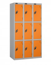 Nest of 3 Metal Storage Lockers | 3 Doors | 1780 x 305 x 460mm | Silver Carcass | Orange Door | Cam Lock | Probe