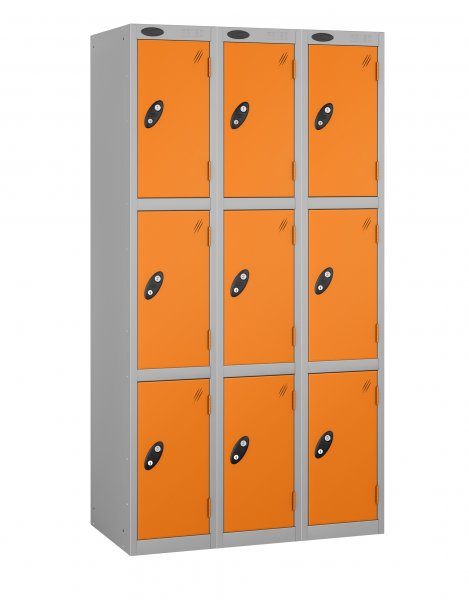 Nest of 3 Metal Storage Lockers | 3 Doors | 1780 x 305 x 460mm | Silver Carcass | Orange Door | Cam Lock | Probe