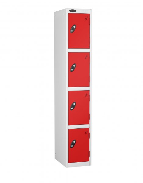 Single Metal Storage Locker | 4 Doors | 1780 x 305 x 305mm | White Carcass | Red Door | Cam Lock | Probe