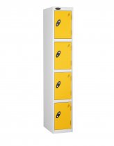 Single Metal Storage Locker | 4 Doors | 1780 x 305 x 305mm | White Carcass | Yellow Door | Cam Lock | Probe