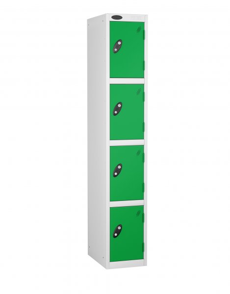 Single Metal Storage Locker | 4 Doors | 1780 x 305 x 305mm | White Carcass | Green Door | Cam Lock | Probe