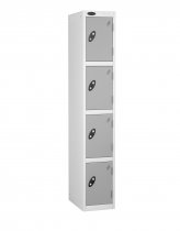 Single Metal Storage Locker | 4 Doors | 1780 x 305 x 305mm | White Carcass | Silver Door | Cam Lock | Probe