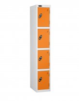 Single Metal Storage Locker | 4 Doors | 1780 x 305 x 305mm | White Carcass | Orange Door | Cam Lock | Probe