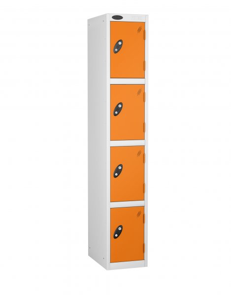 Single Metal Storage Locker | 4 Doors | 1780 x 305 x 305mm | White Carcass | Orange Door | Cam Lock | Probe